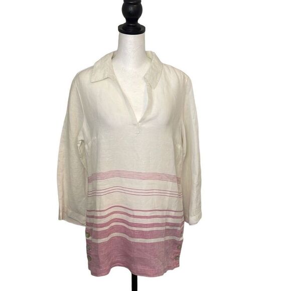 Sigrid‎ Olsen Linen Tunic Top Cream/Pink/Lavender Striped Size Small - Picture 1 of 8